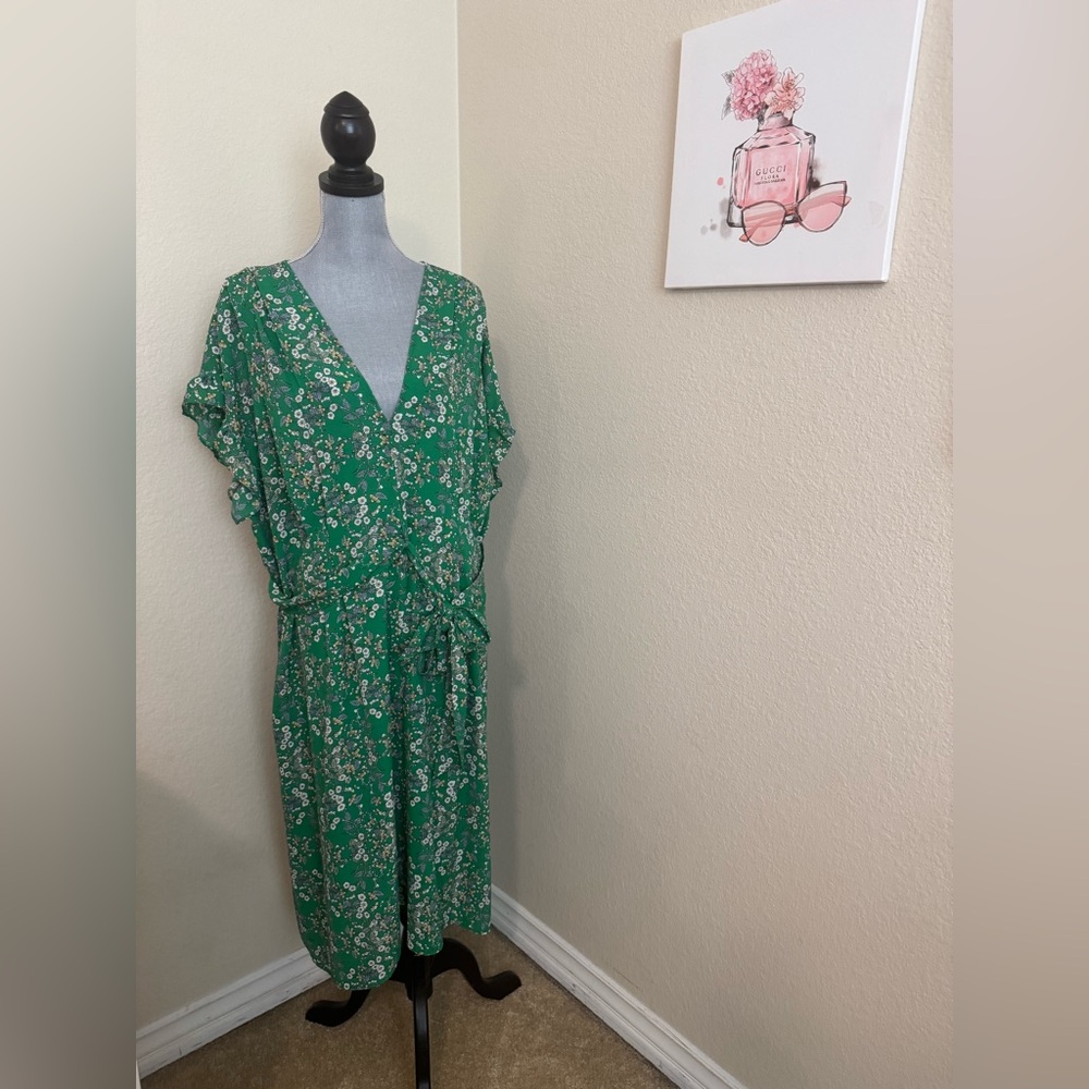 Floral Green Faux Wrap Dress